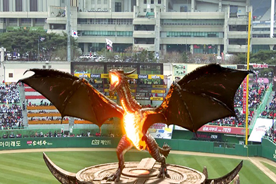 South Korean Promotion for Dragon Fire game showing VR dragon in a baseball stadium